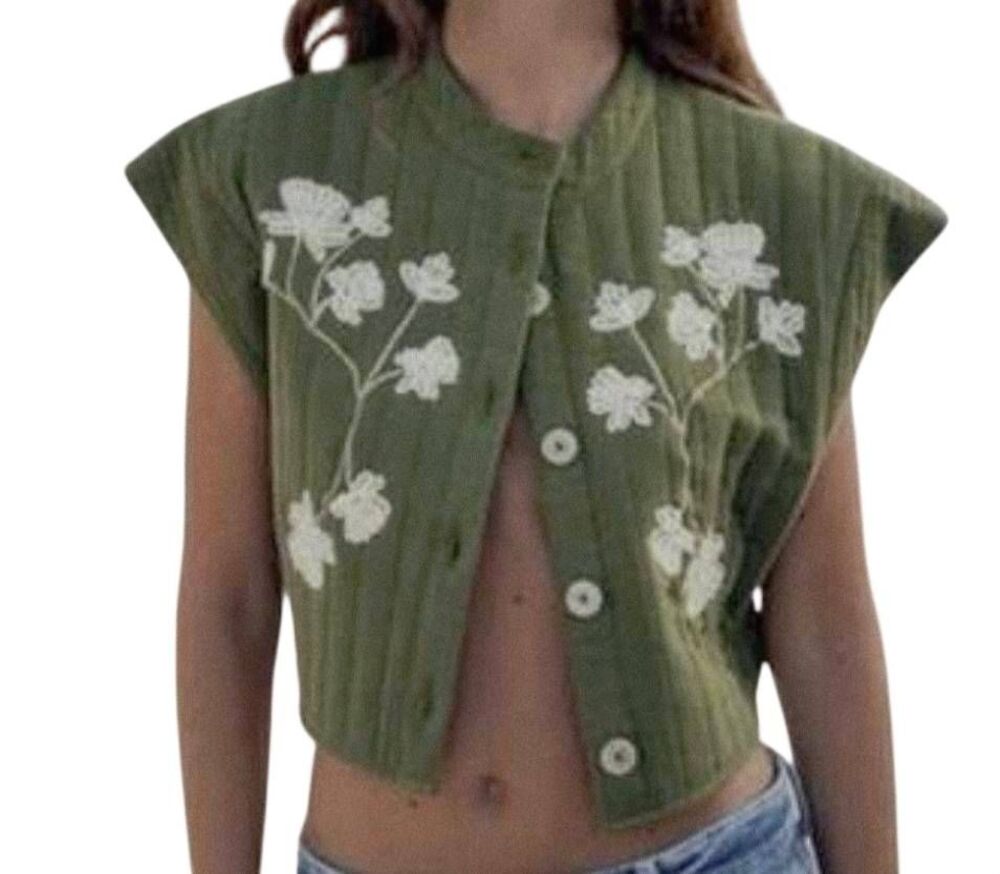 Zara Green Quilted Floral Embroidered Vest Top Size M